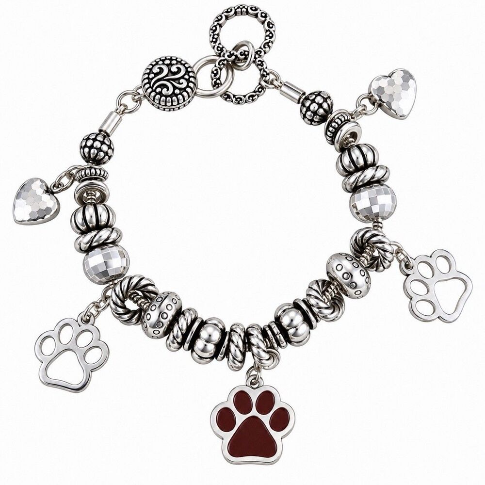 Silver Beaded Charm Bracelet Red Paw Print Hearts Dog Cat Pet Lover Gift